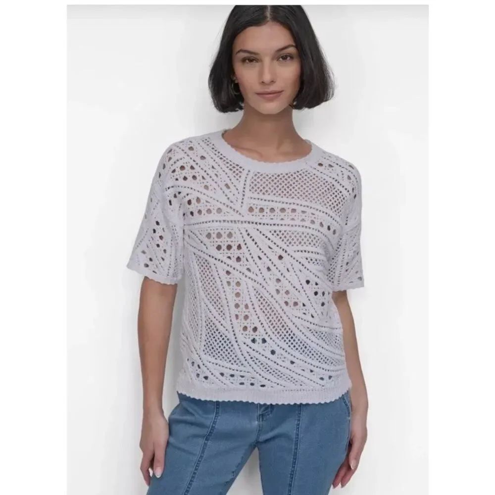 DKNY Women's Cotton Short-Sleeve Crochet Sweater XS